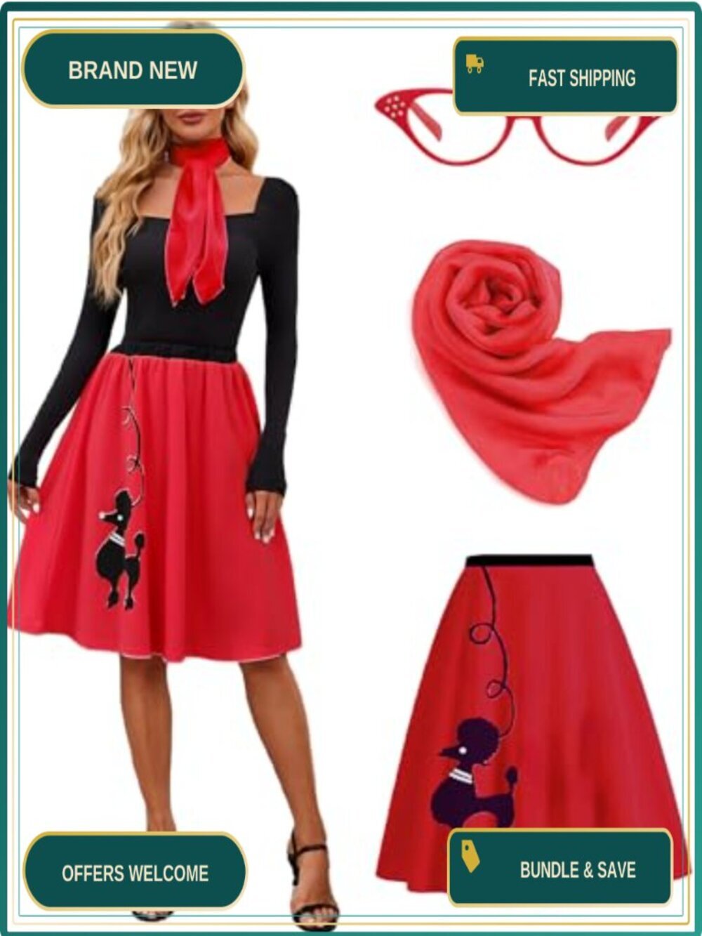50s Poodle Skirt Costume Set Adult Halloween 3-Piece Polyester
